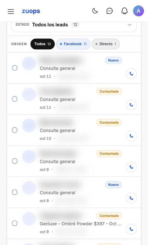 Lista de clientas interesadas de Genluxe Beauty Studio en Zuops (datos difuminados)