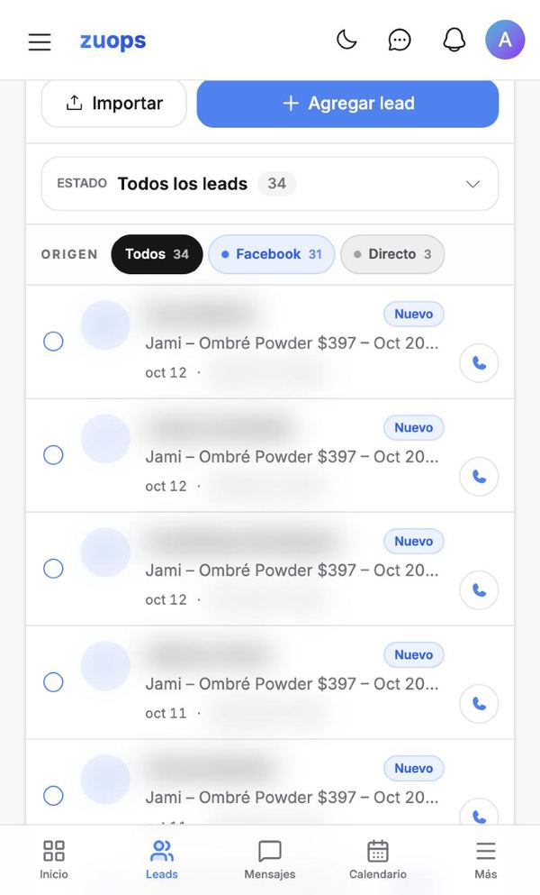 Lista de clientas interesadas de Beauty Spot by Jami en Zuops (datos difuminados)